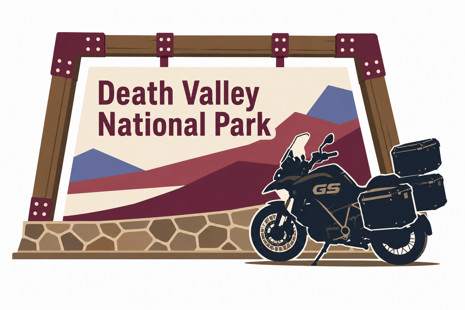 Graphic of motorcycle in front of "Death Valley National Park" sign